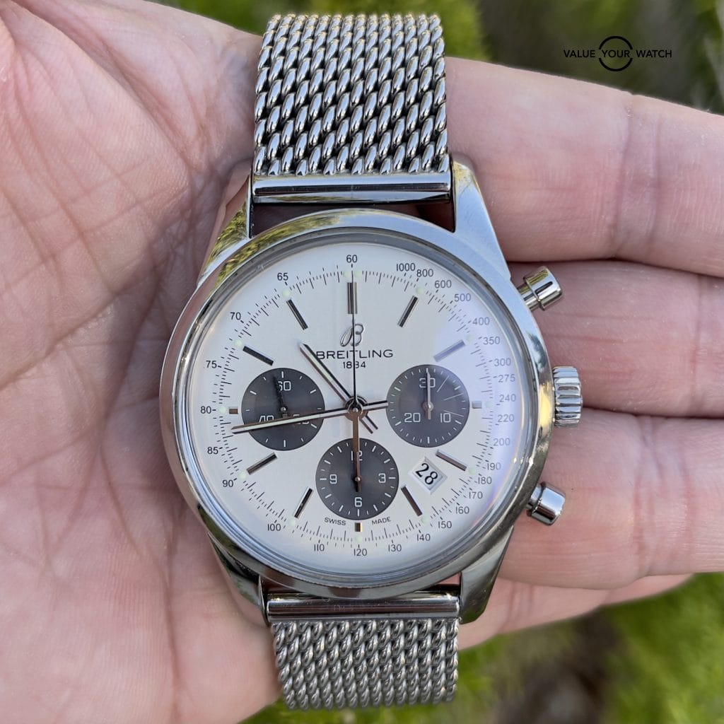 BREITLING TRANSOCEAN CHRONOGRAPH PANDA 43MM STEEL BRACELET w/ Box & Papers COMPLETE - Image 5