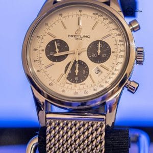 BREITLING TRANSOCEAN CHRONOGRAPH PANDA 43MM STEEL BRACELET w/ Box & Papers COMPLETE