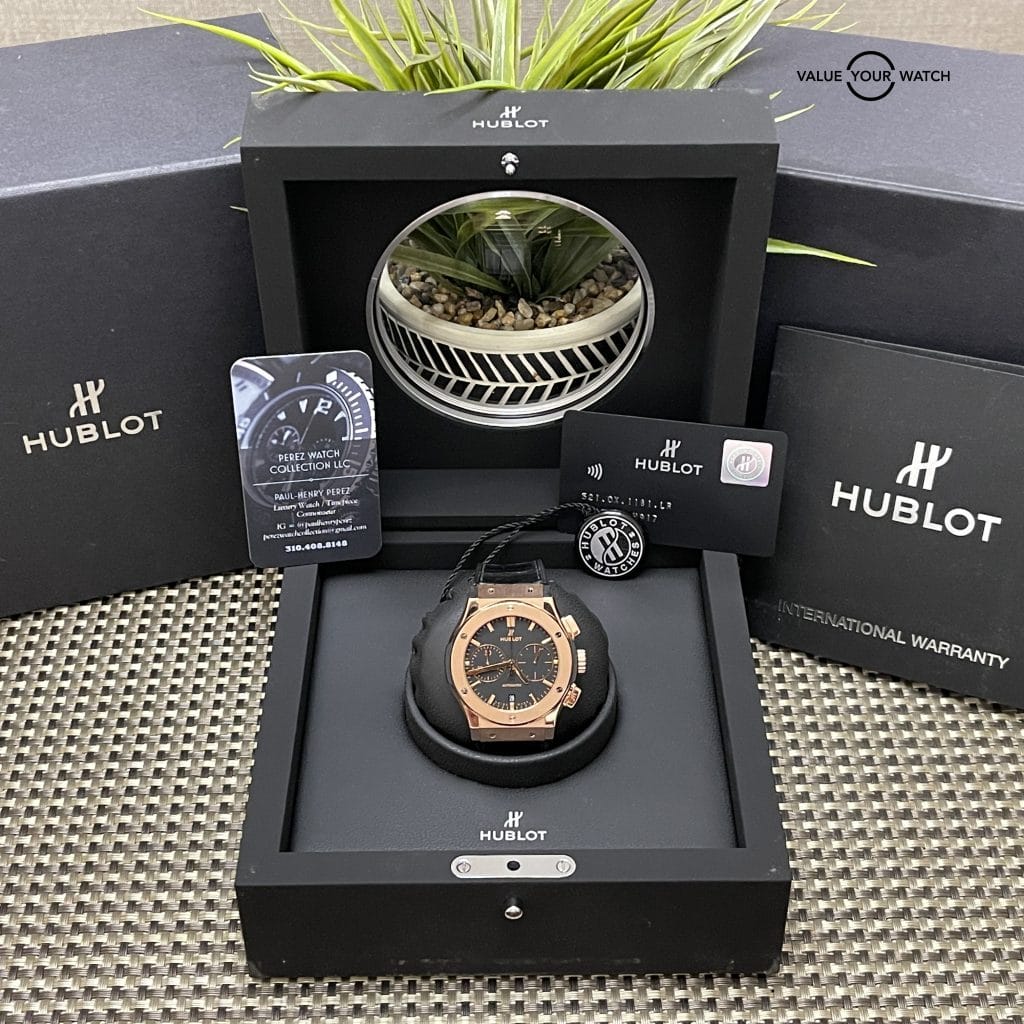 HUBLOT CLASSIC FUSION CHRONOGRAPH 18K KING GOLD 45MM CROCODILE LEATHER STRAP w/ Box & Papers COMPLETE - Image 5