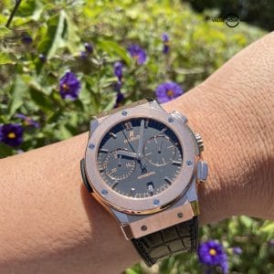 HUBLOT CLASSIC FUSION CHRONOGRAPH 18K KING GOLD 45MM CROCODILE LEATHER STRAP w/ Box & Papers COMPLETE