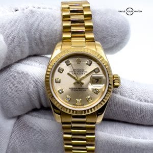 Rolex Lady Datejust 18kt Yellow Gold 10 Diamond Set Champagne Dial President Bracelet