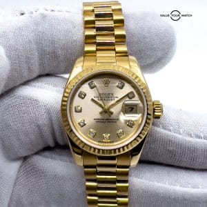 Rolex Lady Datejust 18kt Yellow Gold 10 Diamond Set Champagne Dial President Bracelet