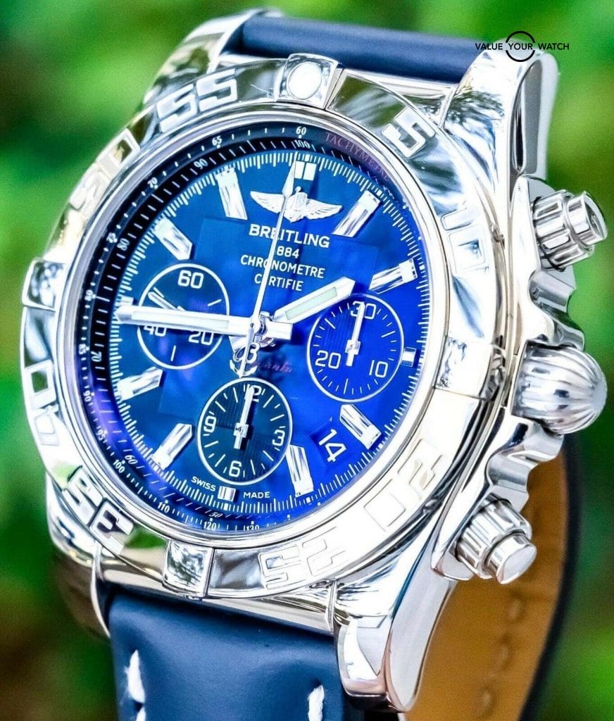 STRIKING Breitling Chronomat 44 SERVICED with Blackeye Blue Dial on Brand New Unworn Breitling Blue Leather Strap! Comes with original modern style Breitling boxes and November 2021 service papers from Breitling. This Chronomat, specifically, is the polished bezel, polished case, matching blue calf leather model, quite uncommon & desirable. Looks great! Chronomat 44s are typically difficult to find with Blackeye Blue dials due to their desirability, and they are my favorite dials produced by Breitling for any watches. I own one in my personal collection :) The watch is in great condition with no notable wear. FULLY SERVICED by Breitling in November 2021 at a cost of $880 and I fully warrantied through Breitling until November 2022. Keeping good time on my timegrapher. Do excuse all of the lint/dust in the photos, it looks even better in person! It’s very clean and is stunning with the Blackeye Blue Dial! Do not hesitate to contact me with any questions. I sell over 400 watches per year, have fantastic reviews online, and hundreds of references; I seek a very simple and pleasant buying experience for my clients through fostering relationships in the watch community. You can find me on WUS under my account name Camdamonium and I also DBA as Camden’s Horology and Sivils Luxury; I have countless references across the country. Breitling Chronomat 44 Blackeye Blue Reference Number: AB011012/C789 MSRP: $8,025 Bezel: Unidirectional Rotating Polished Stainless Steel Bracelet: Brand New Unworn Breitling Blue Calf Bracelet Width: 22.00 mm Case Diameter: 43.50 mm Case Material: Stainless Steel Case Thickness: 15.40 mm Clasp: Deploy Crystal: Sapphire Dial Color: Blue with Black Subdials Functions: Hours, Minutes, Seconds, Date, Chronograph Jewels: 47 Luminescent Hands & Markers Movement: Automatic Breitling Caliber 01 Power Reserve: 70 Hours Crown: Screw Down Vibrations Per Hour: 28,800 Water Resistance: 500M / 1650FT