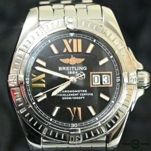 brietling galactic 41 steel gold roman stick black dial grand date luxury watch