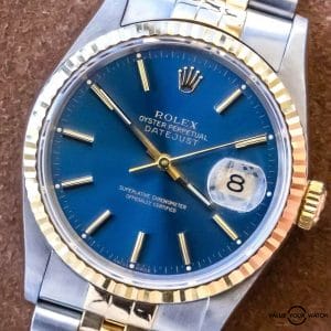 Rolex Datejust 36 Yellow Gold Blue Dial Fluted Jubilee X Serial Vintage 16233
