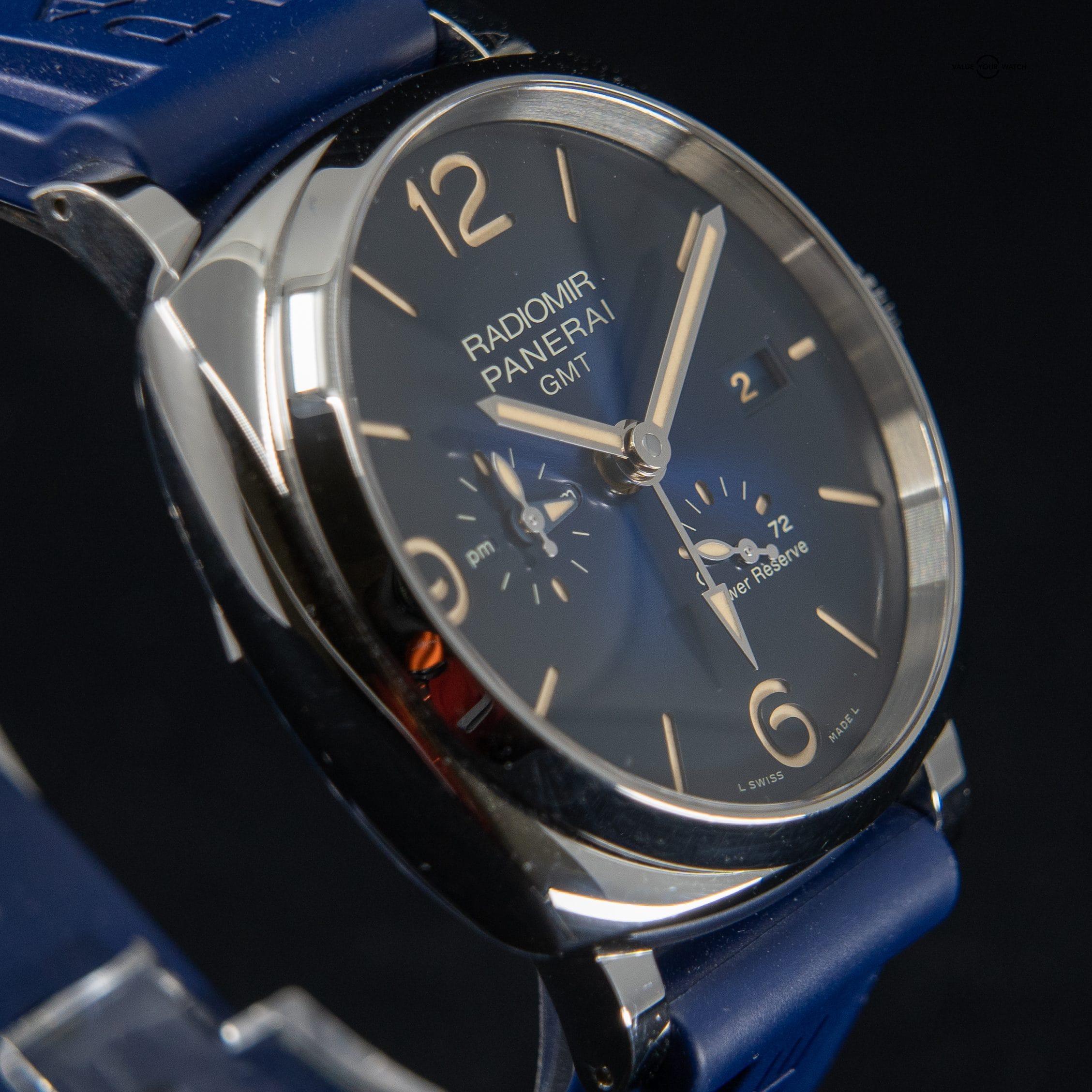 Panerai Radiomir 1940 3 Day GMT Steel Blue Dial Mens Watch Rubber Strap PAM00946 - Image 4