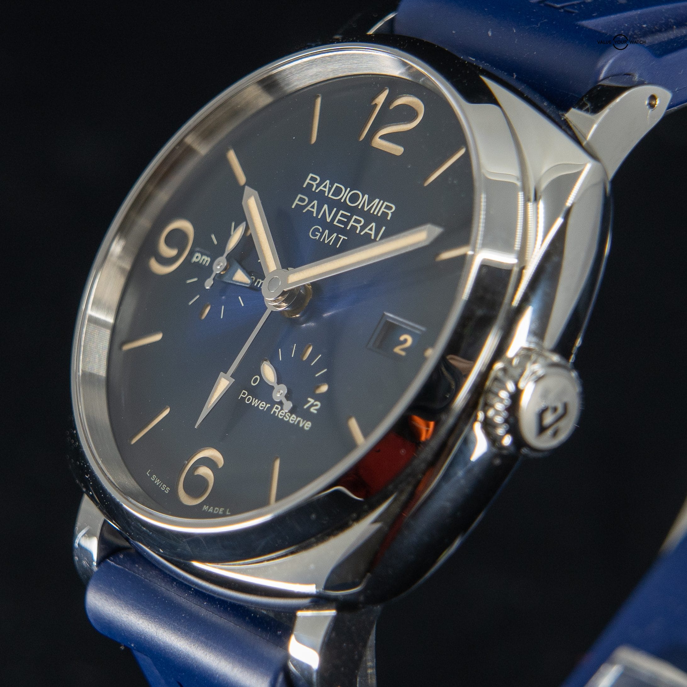 Panerai Radiomir 1940 3 Day GMT Steel Blue Dial Mens Watch Rubber Strap PAM00946 - Image 5