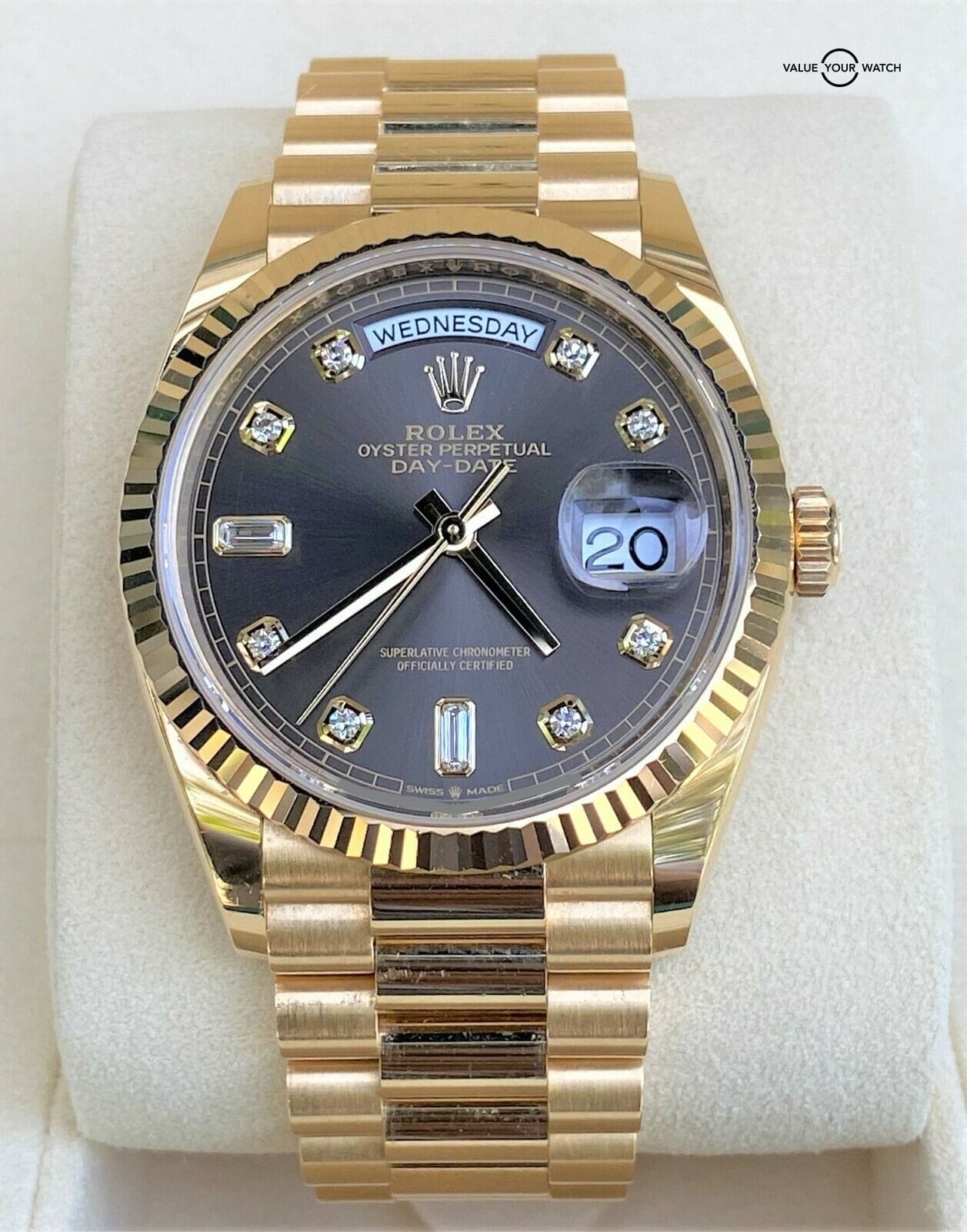 Rolex Day Date 36mm 128238 Dark Grey Diamond:Baguette 2019 BOXES:PAPERS f