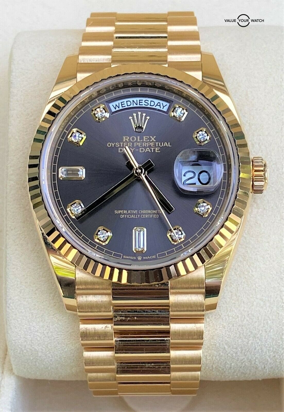 Rolex Day Date 36mm 128238 Dark Grey Diamond:Baguette 2019 BOXES:PAPERS swq