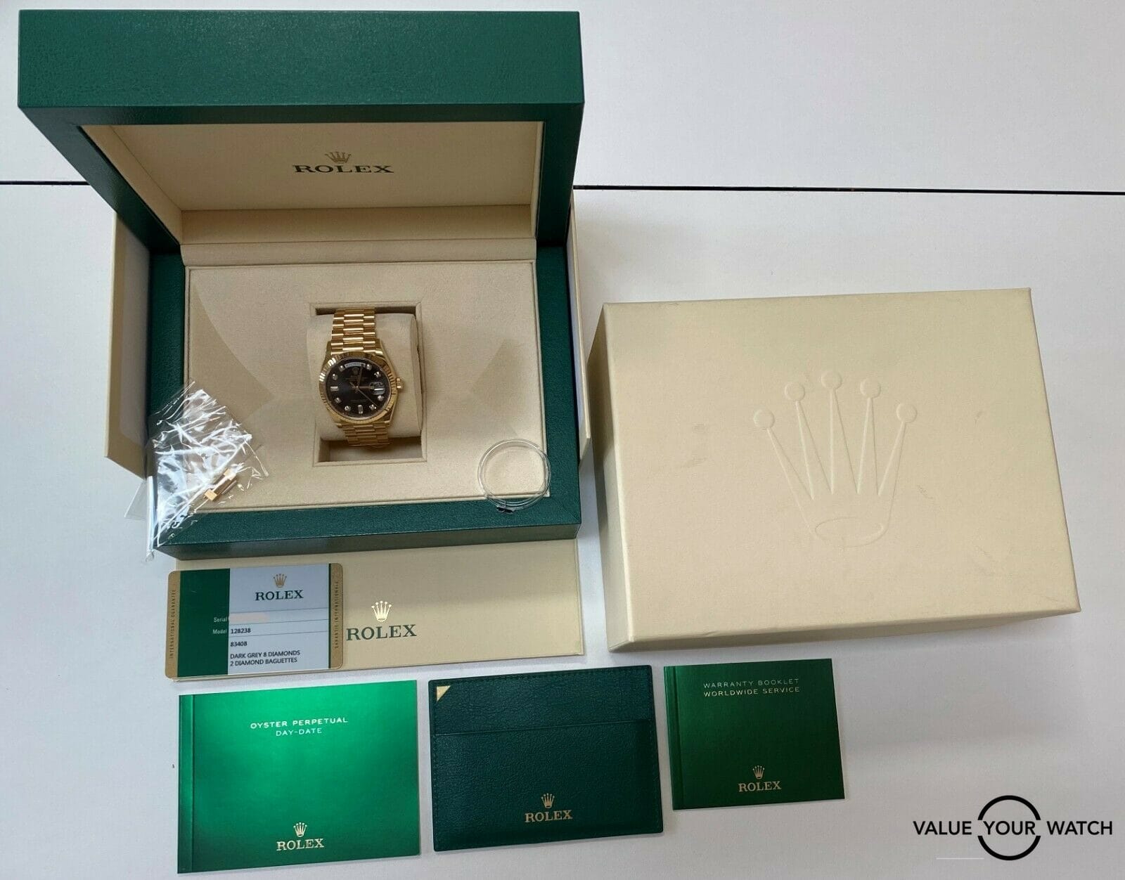 Rolex Day Date 36mm 128238 Dark Grey Diamond:Baguette 2019 BOXES:PAPERS f