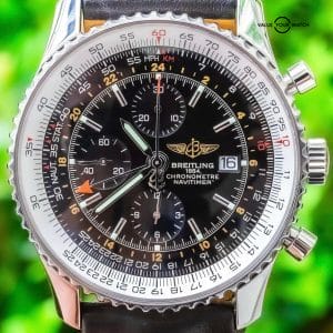 Breitling Navitimer World 46 GMT Black Dial Boxes Leather Tang Stainless A24322