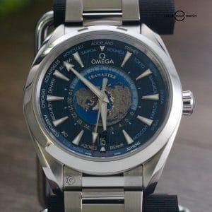 Omega Seamaster Aqua Terra GMT Worldtimer 43mm Blue Stainless Steel Box & Papers