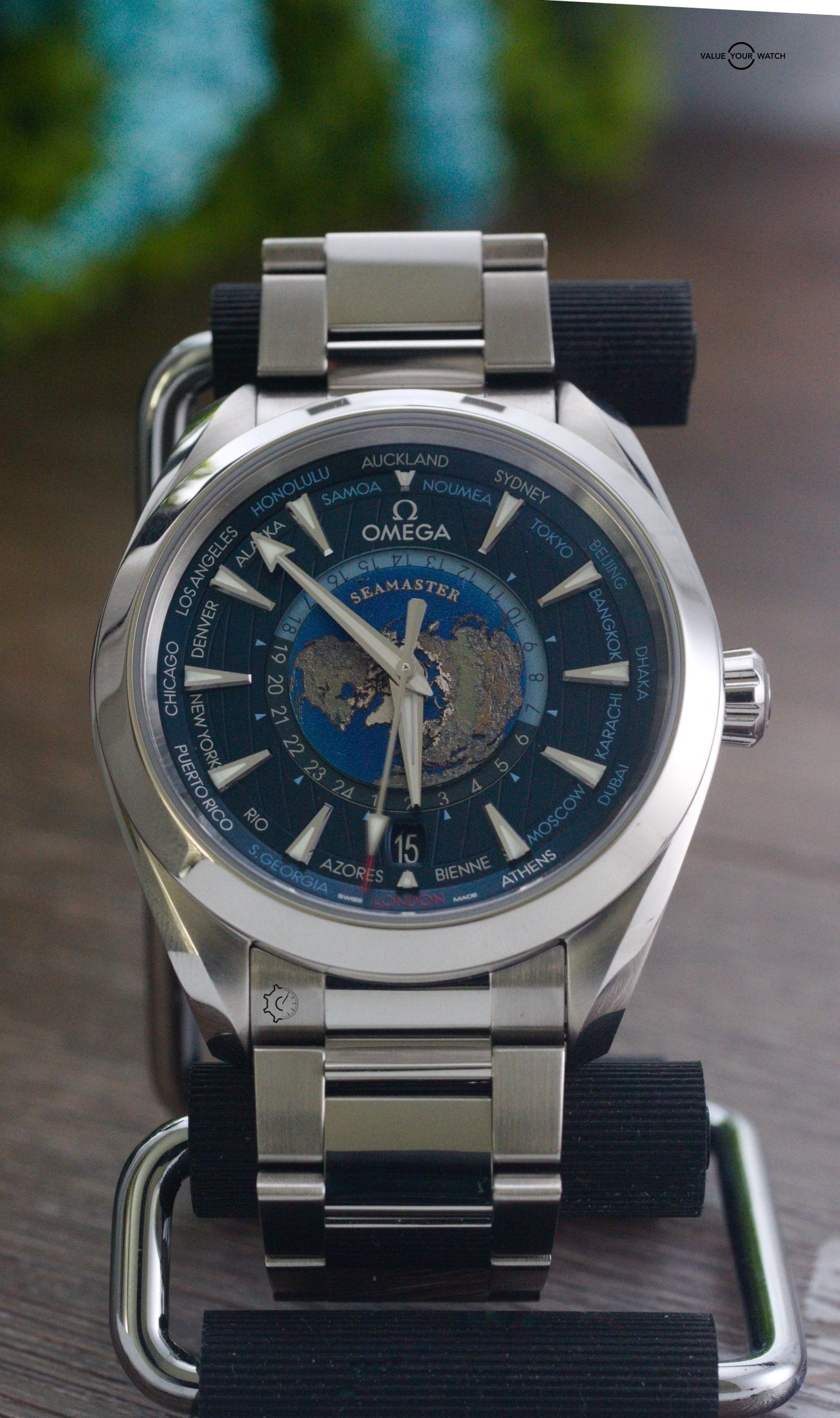 Omega Seamaster Aqua Terra GMT Worldtimer 43mm Blue Stainless Steel Box & Papers