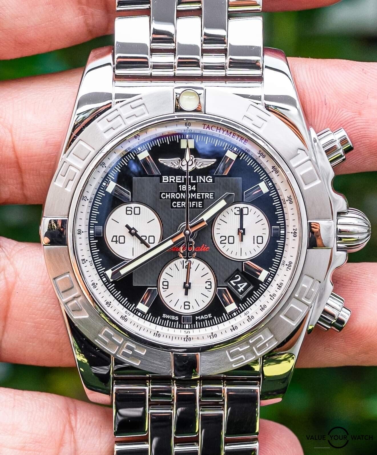 Breitling Chronomat 44 Complete $9K MSRP B01 Black Dial Boxes Papers AB0110
