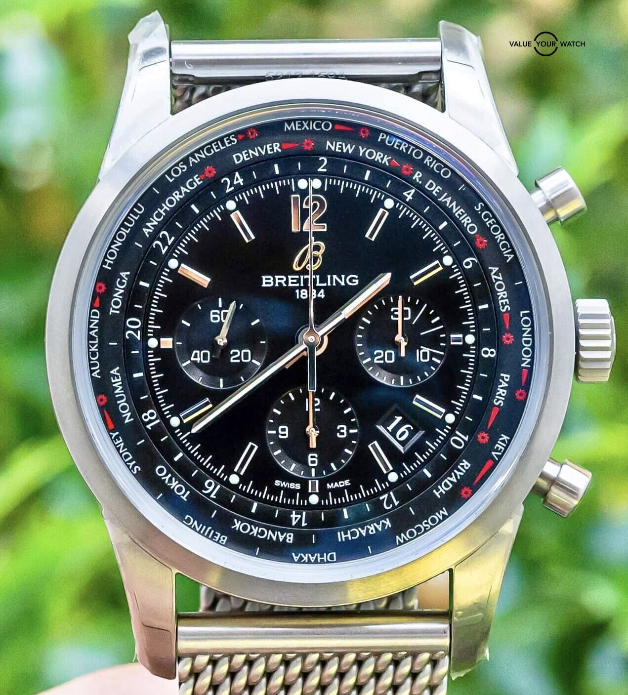 All Archived Products Breitling Archived Transocean BREITLING TRANSOCEAN  UNITIME PILOT CHRONOGRAPH 46MM BLACK STEEL CASE BLACK DIAL BLACK STEEL MESH  BRACELET MB0510U6/BC80