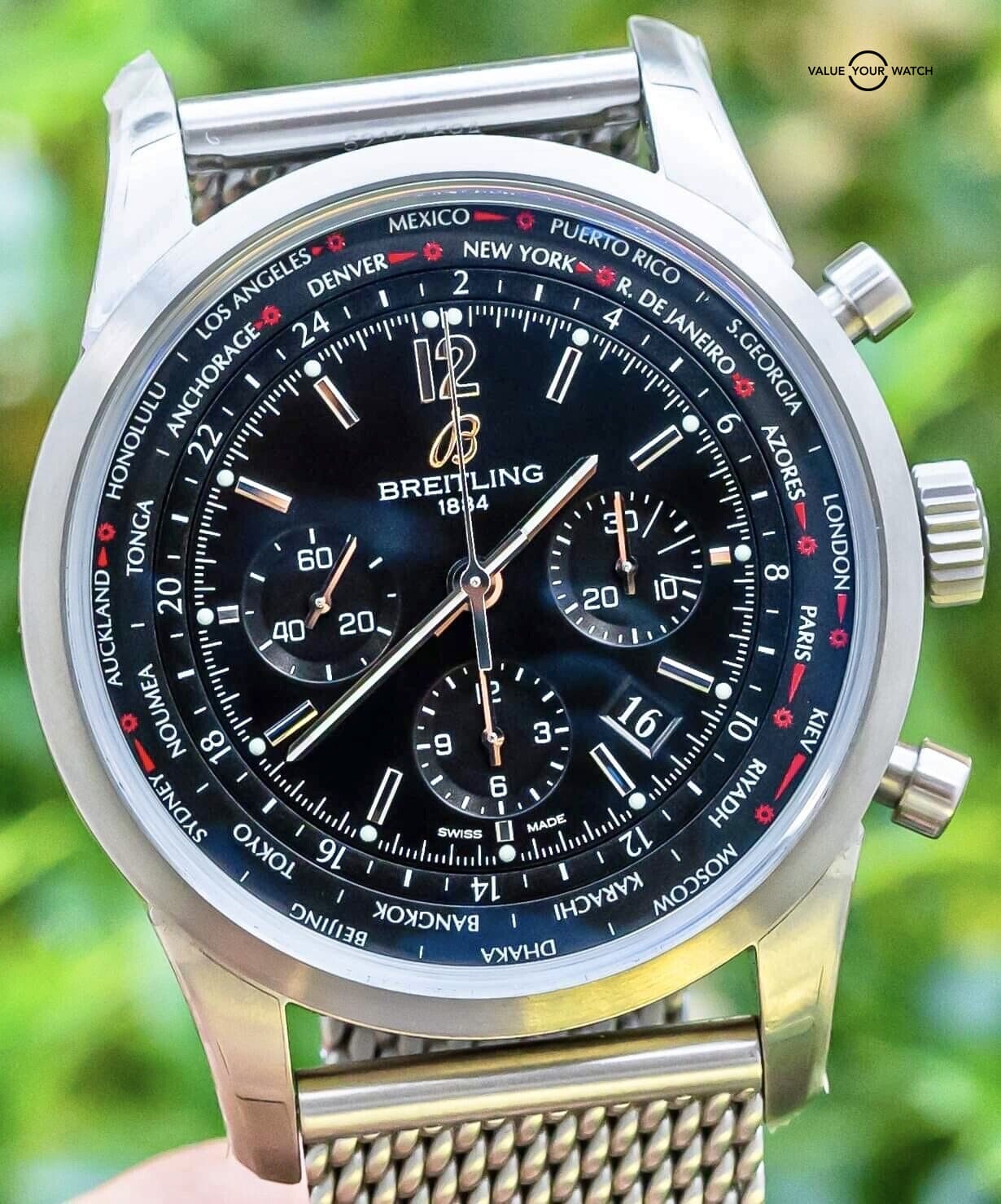 All Archived Products Breitling Archived Transocean BREITLING TRANSOCEAN  UNITIME PILOT CHRONOGRAPH 46MM BLACK STEEL CASE BLACK DIAL BLACK STEEL MESH  BRACELET MB0510U6/BC80