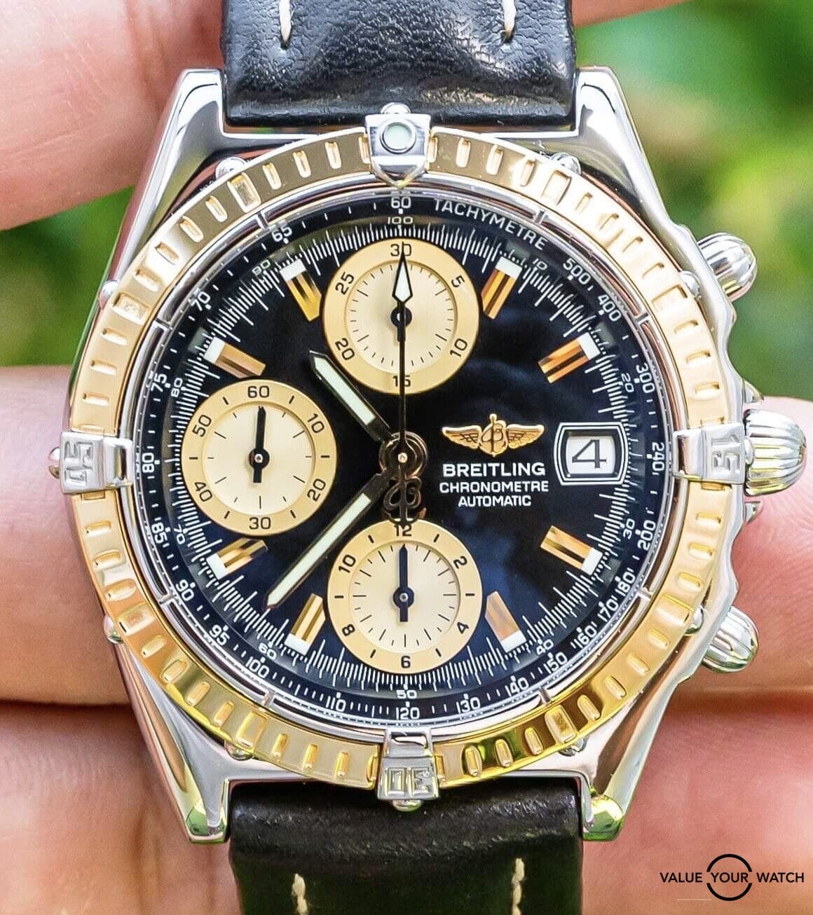Breitling Chronomat 39 Black Dial Yellow Gold Boxes Leather Automatic D13352