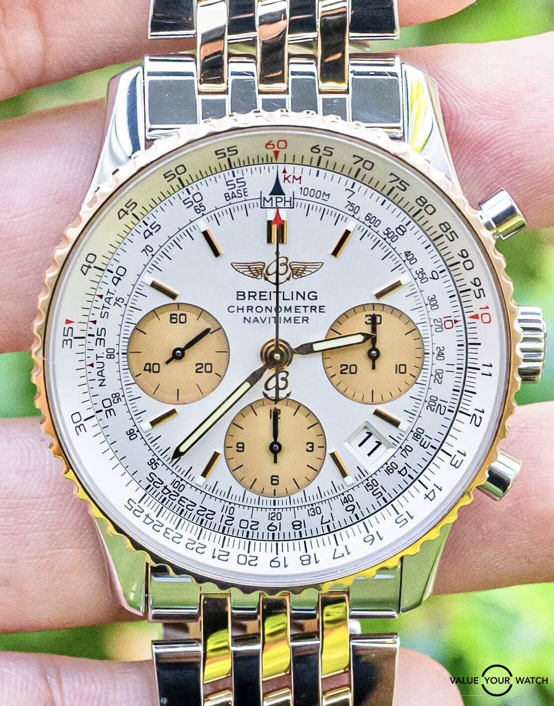Breitling Navitimer 42 Two-Tone Silver Complete Boxes Papers Yellow Gold D23322