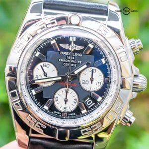 Breitling Chronomat 44 Black WARRANTY SERVICED $8K MSRP Boxes B01 Leather AB0110