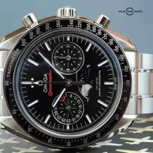 Omega Speedmaster Moonphase 44mm ceramic automatic watch on steel bracelet B&P