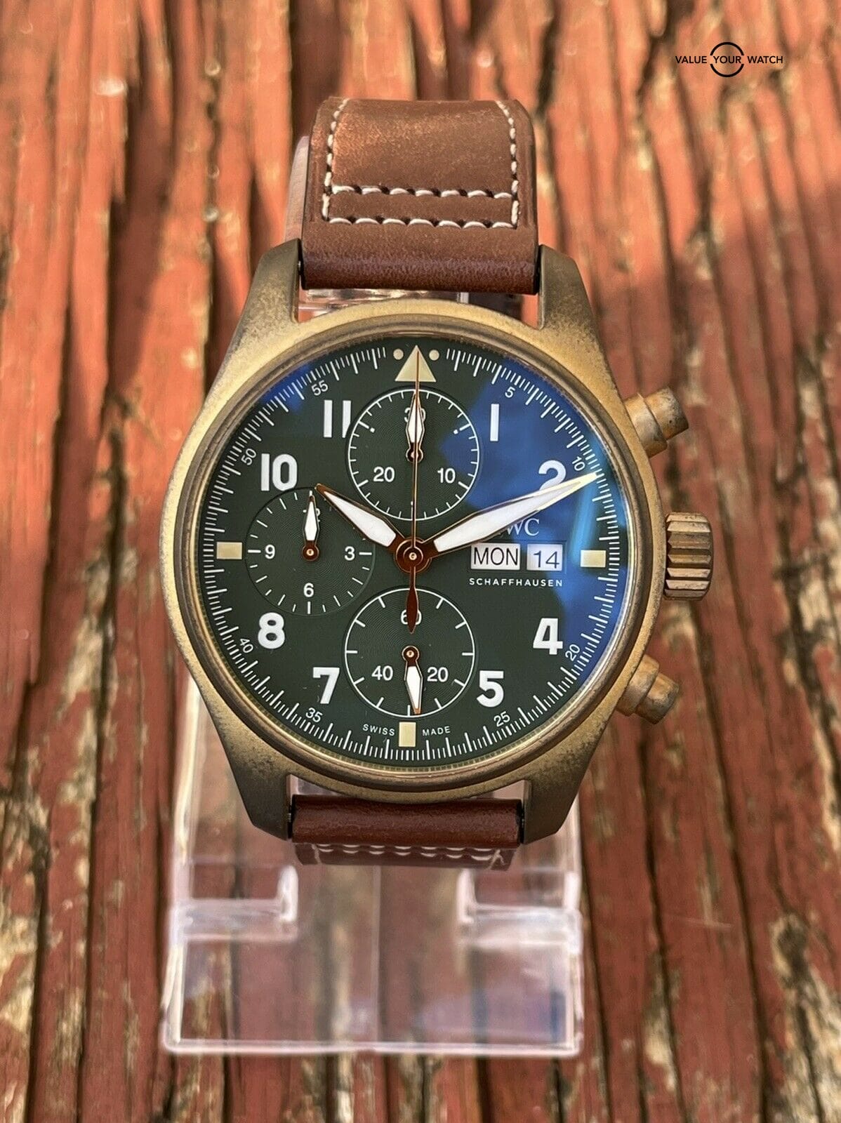 MINT IWC Spitfire Chronograph Pilot's Watch Bronze Case X Green Dial - IW387902 s