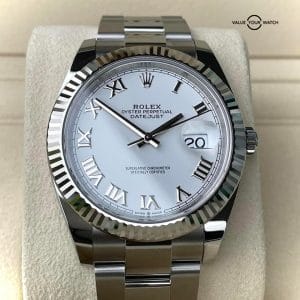 NEW Rolex DateJust 41mm White Roman Fluted Bezel Full Set Oyster Bracelet White Gold