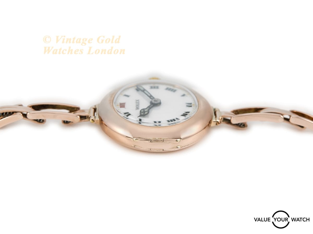 Ladies Rolex Cocktail Watch 9ct Pink Gold 1914 Porcelain Dial