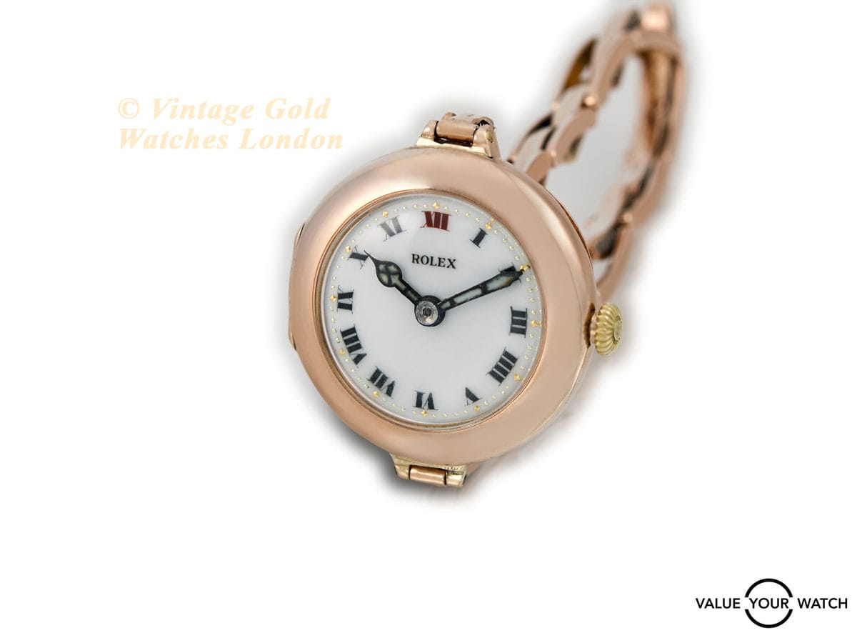 Ladies Rolex Cocktail Watch 9ct Pink Gold 1914 Porcelain Dial