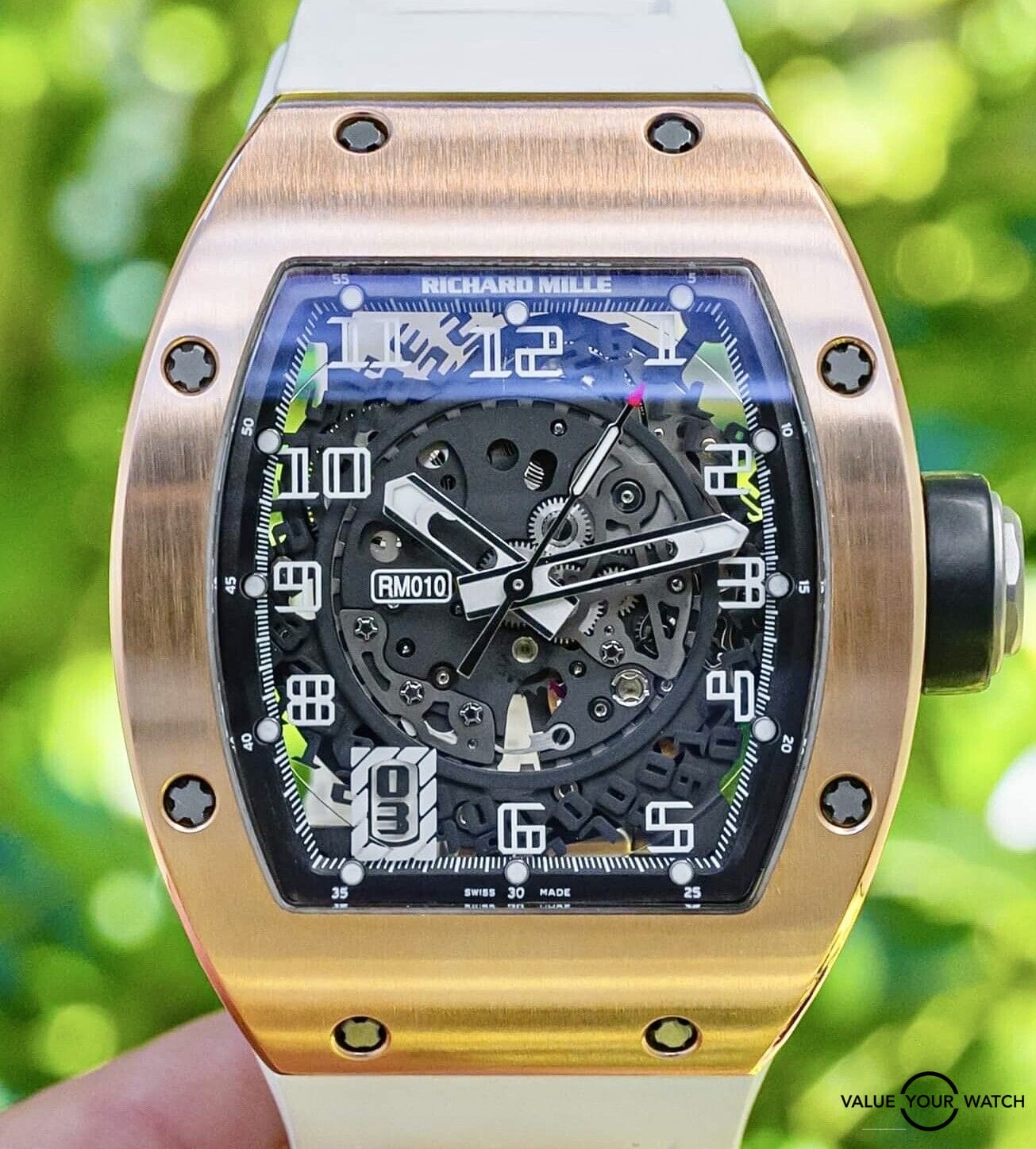 Richard Mille RM 010 Rose Gold Boxes White Rubber Deploy Clasp Automatic RM010