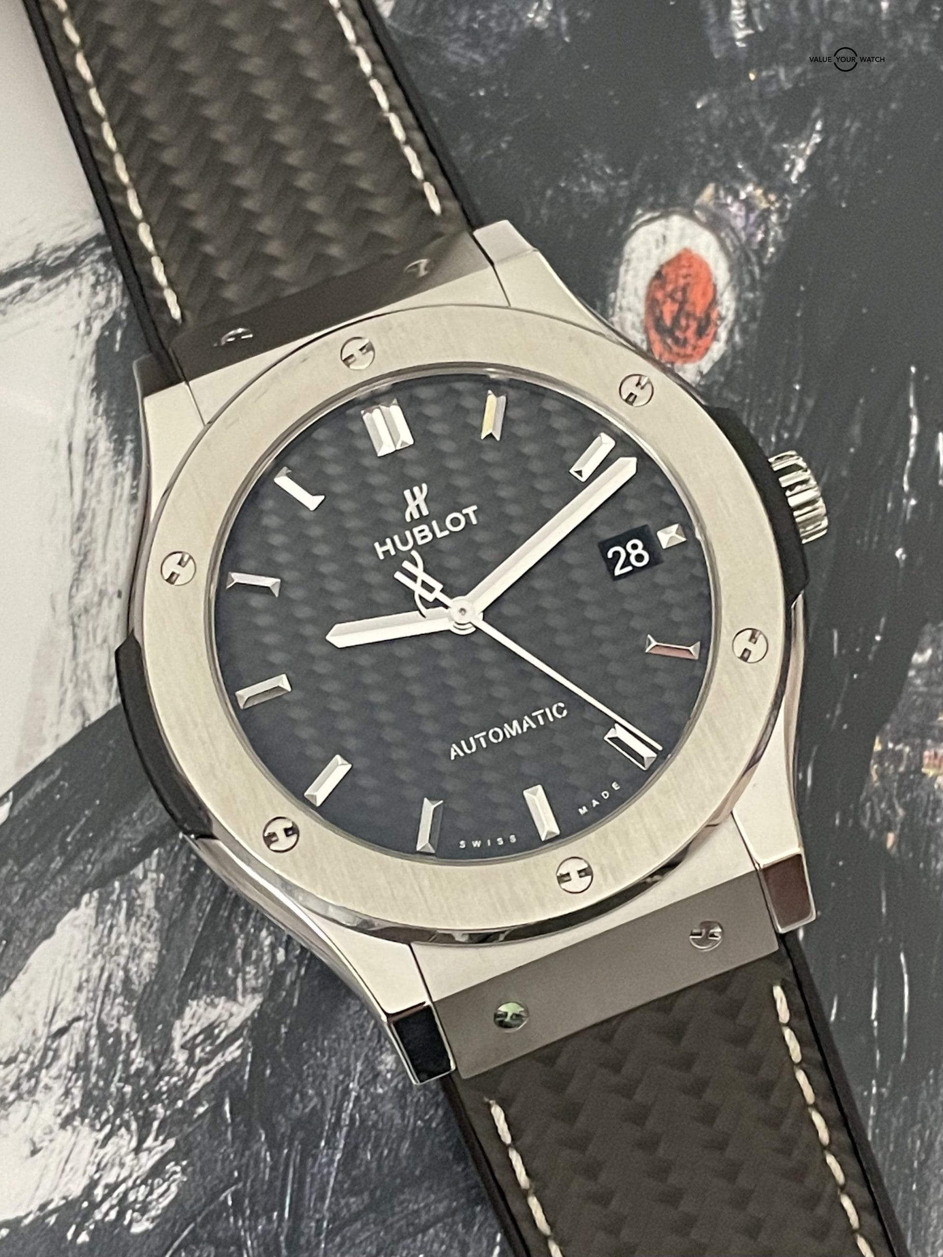 Hublot Classic Fusion 45mm Titanium Carbon Fiber Dial and Strap – Full Set + Travel Case!