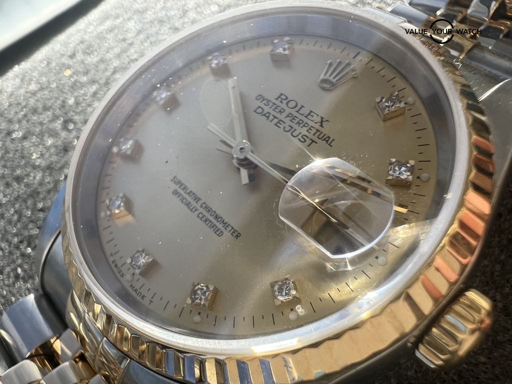 Rolex Datejust Ref 16233G Champagne Diamond Dial 18K Yellow 