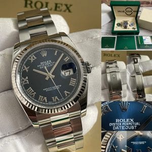 Rolex DateJust 36mm DJ36 Blue Roman Numerals Steel Gold Fluted Bezel – 116234 – 2015 Complete Set!