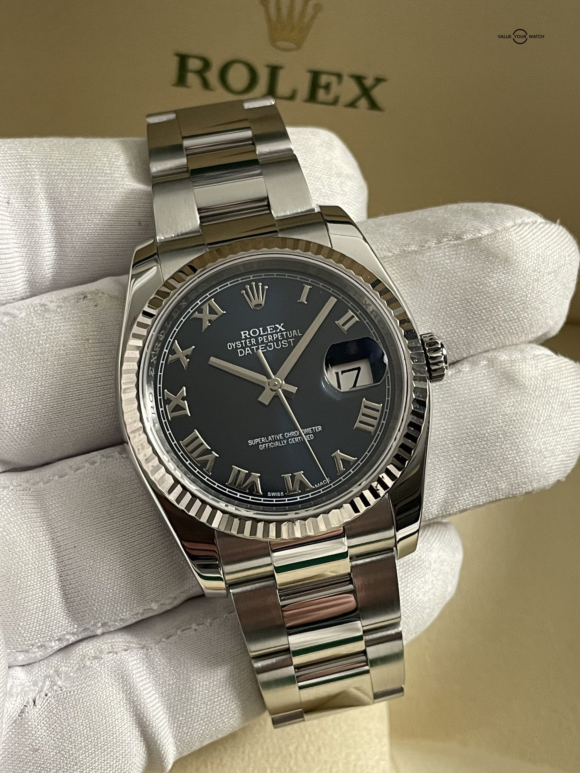 Rolex DateJust 36mm DJ36 Blue Roman Numerals Steel Gold Fluted Bezel – 116234 – 2015 Complete Set! - Image 4
