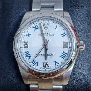 Rolex 31mm Oyster Perpetual White Roman Dial Blue numerals