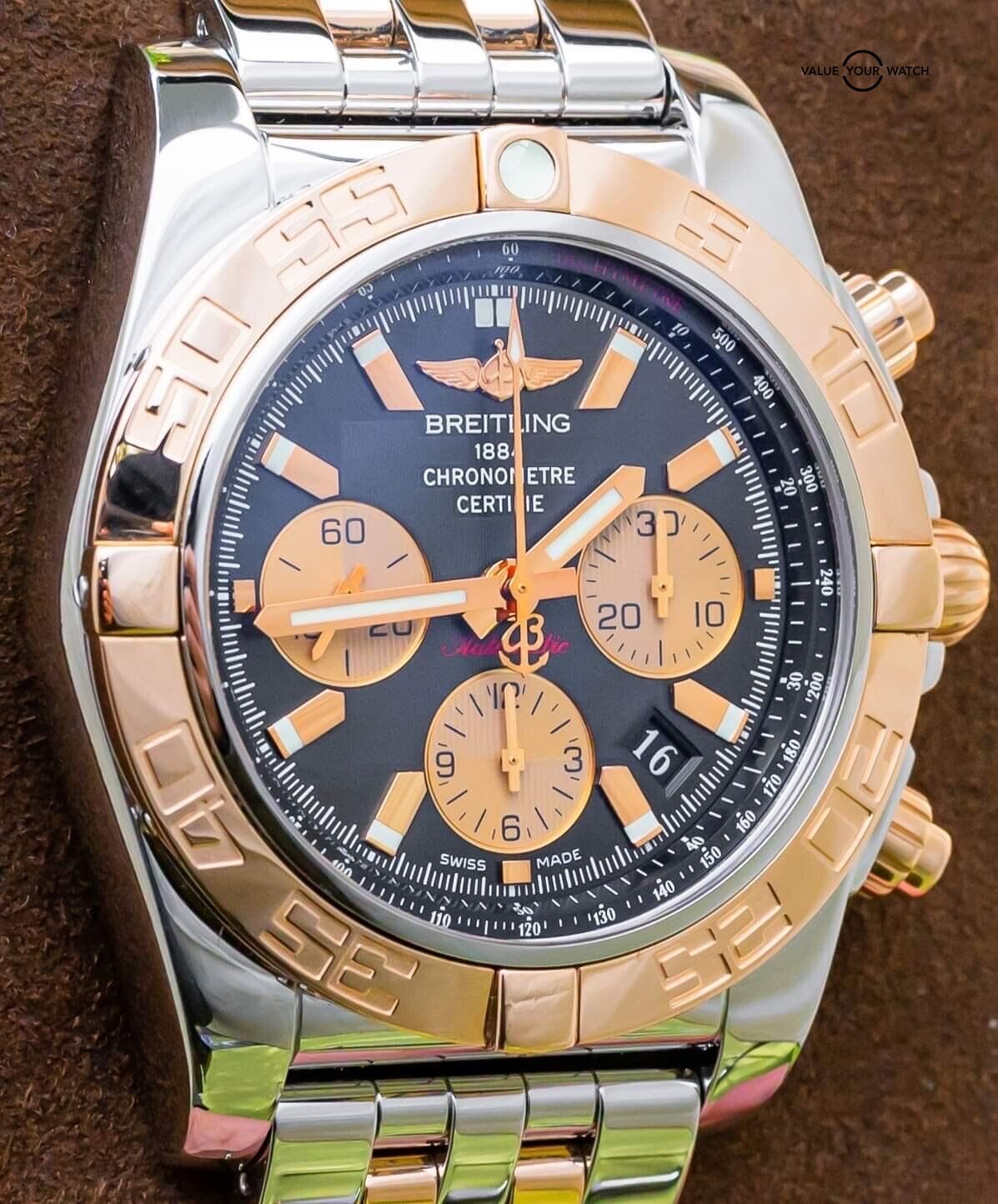 Breitling Chronomat 44 Rose Gold $13K MSRP Two-Tone Black Dial CB0110 | Value Your Watch