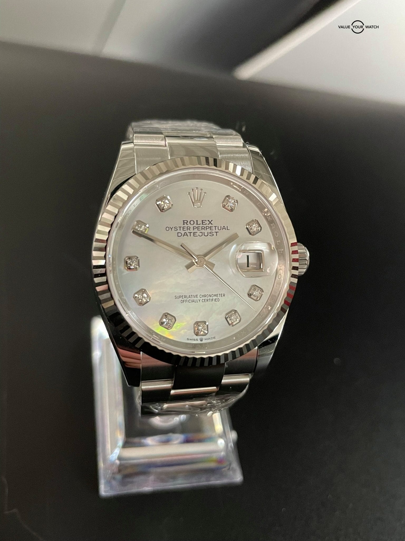 Rolex 2022 Datejust White Gold Mother of Pearl Diamond Dial Fluted Bezel 36mm 126234 - Image 4