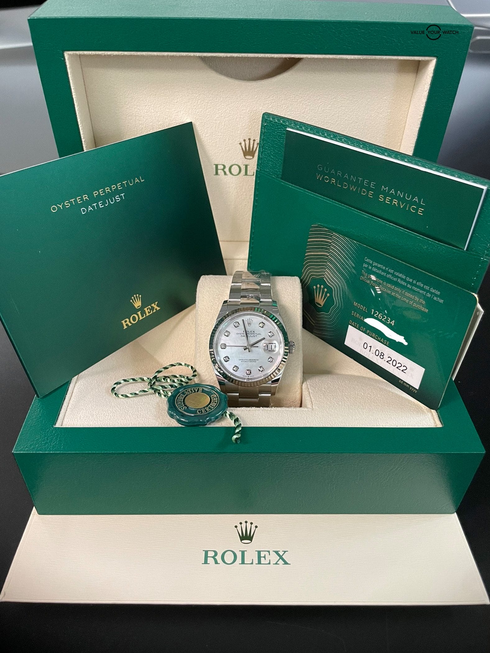 Rolex 2022 Datejust White Gold Mother of Pearl Diamond Dial Fluted