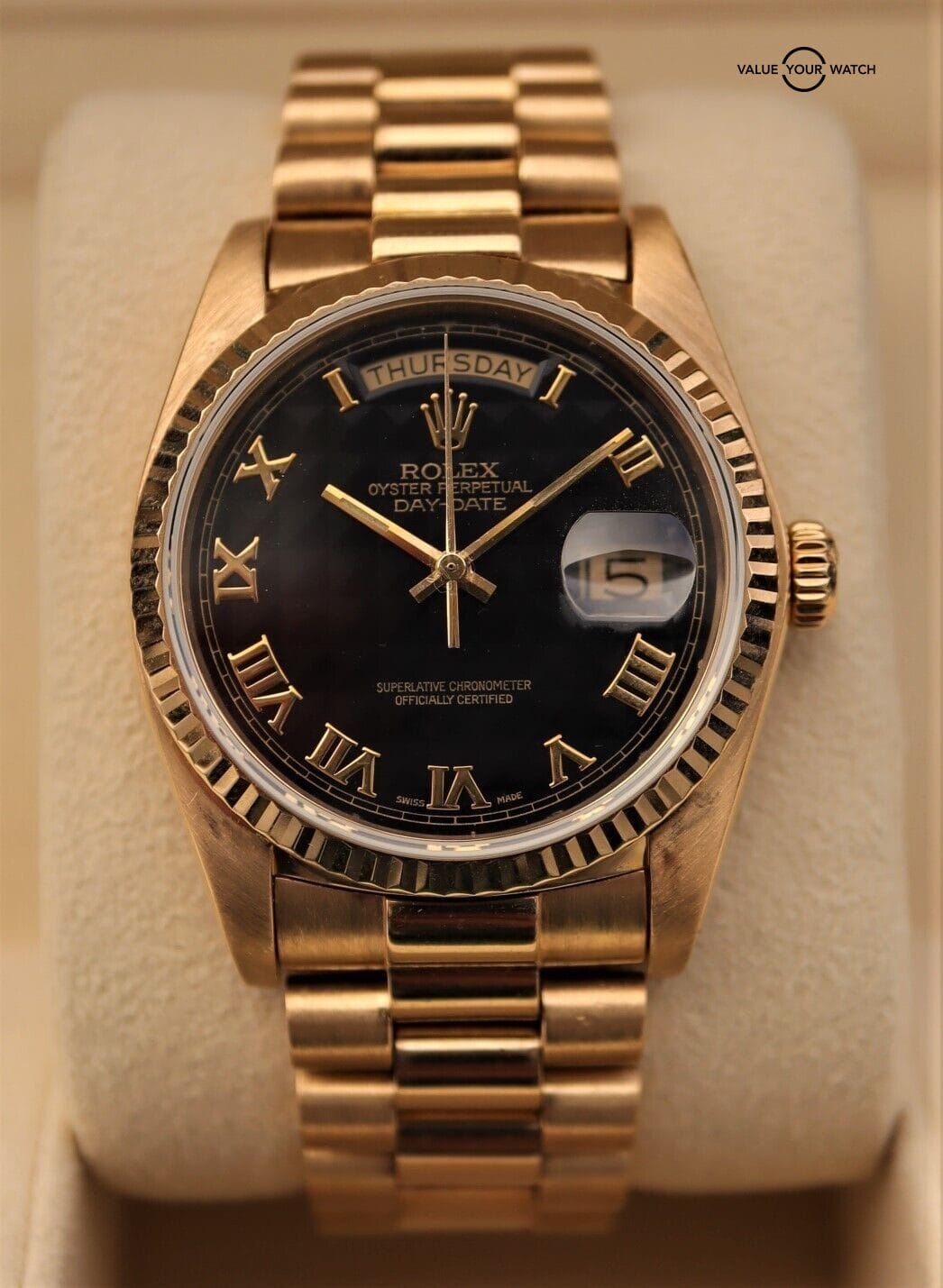 Rolex President Day-Date 18038 18K Yellow Gold Black Pyramid Dial! | Value Your