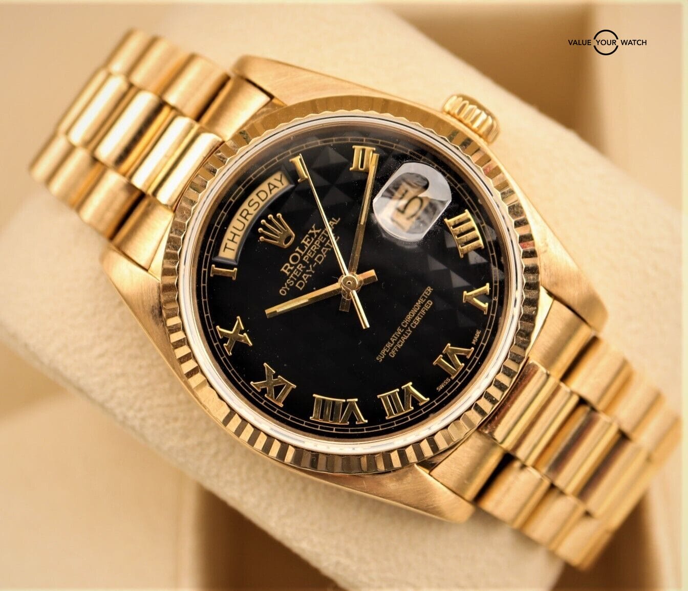 Rolex President Day-Date 18038 36mm 18K Yellow Gold Black Pyramid Dial! - Image 3