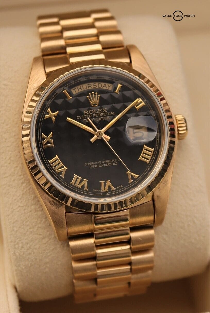 Rolex President Day-Date 18038 36mm 18K Yellow Gold Black Pyramid Dial! - Image 4