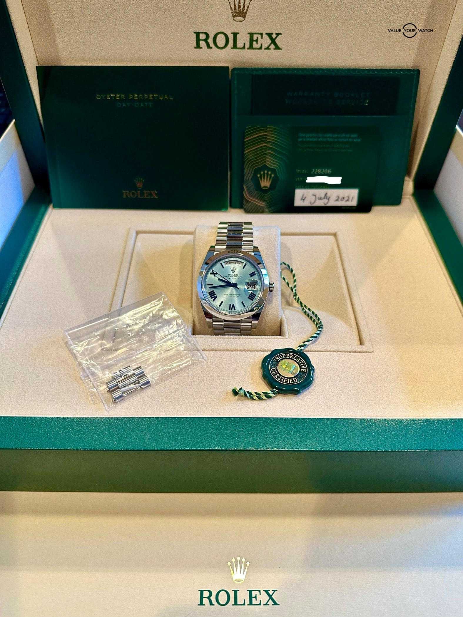 RARE Rolex Platinum Day-Date Ice Blue Quadrant Motif Beveled Roman Dial 40mm - 2021 COMPLETE 228206 President - Image 7