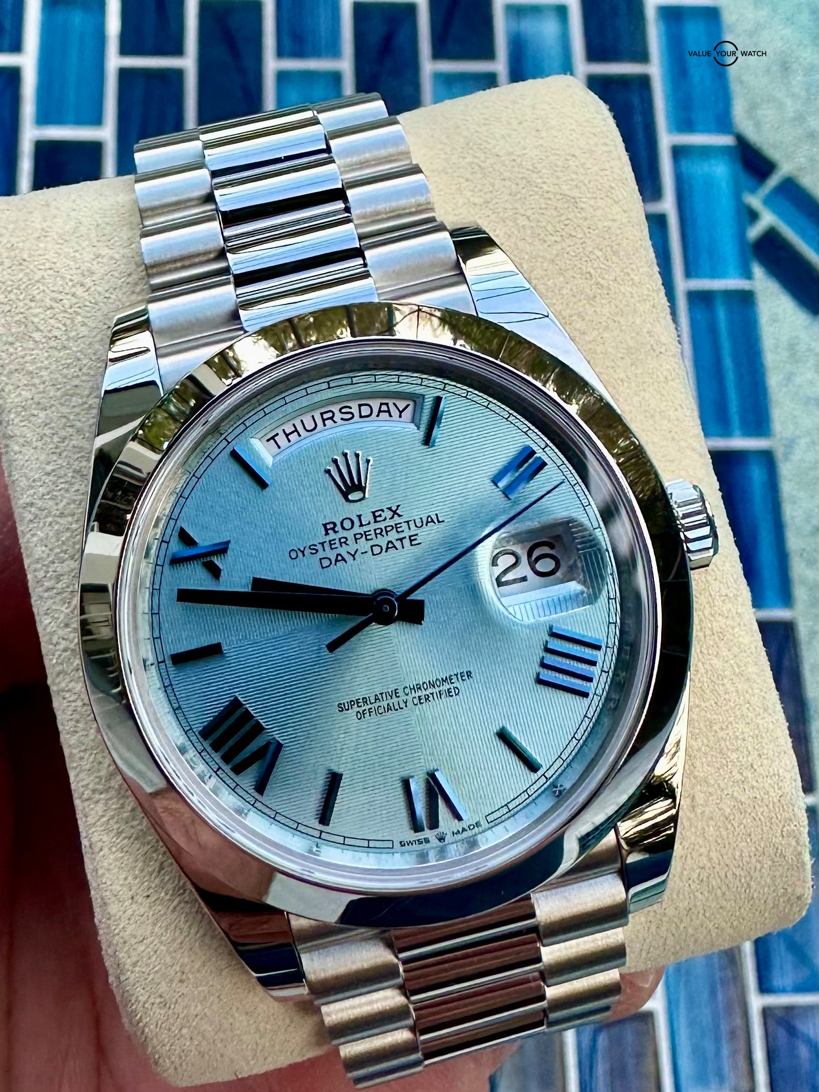 RARE Rolex Platinum Day-Date Ice Blue Quadrant Motif Beveled Roman Dial 40mm - 2021 COMPLETE 228206 President - Image 2