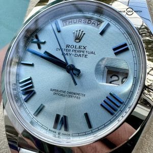 RARE Rolex Platinum Day-Date Ice Blue Quadrant Motif Beveled Roman Dial 40mm &#8211; 2021 COMPLETE 228206 President