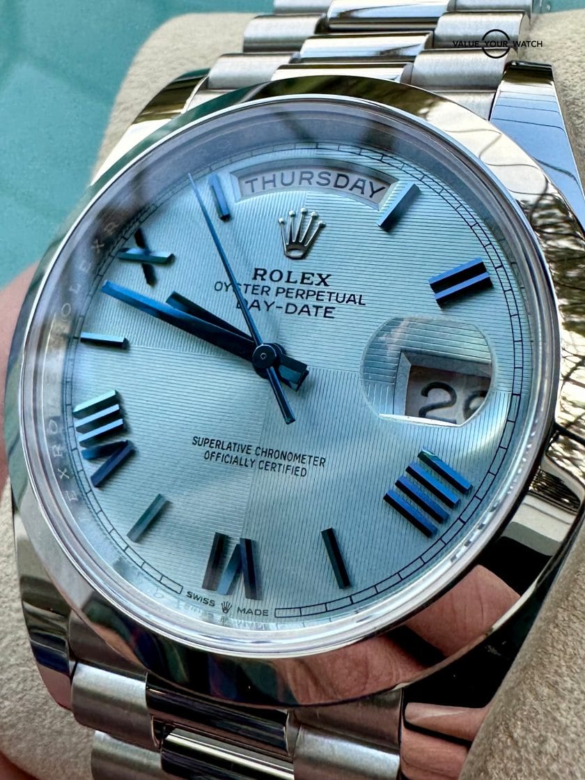Rolex Platinum Day-Date Ice Blue Quadrant Motif Beveled Roman Dial 40mm Ref.228206 