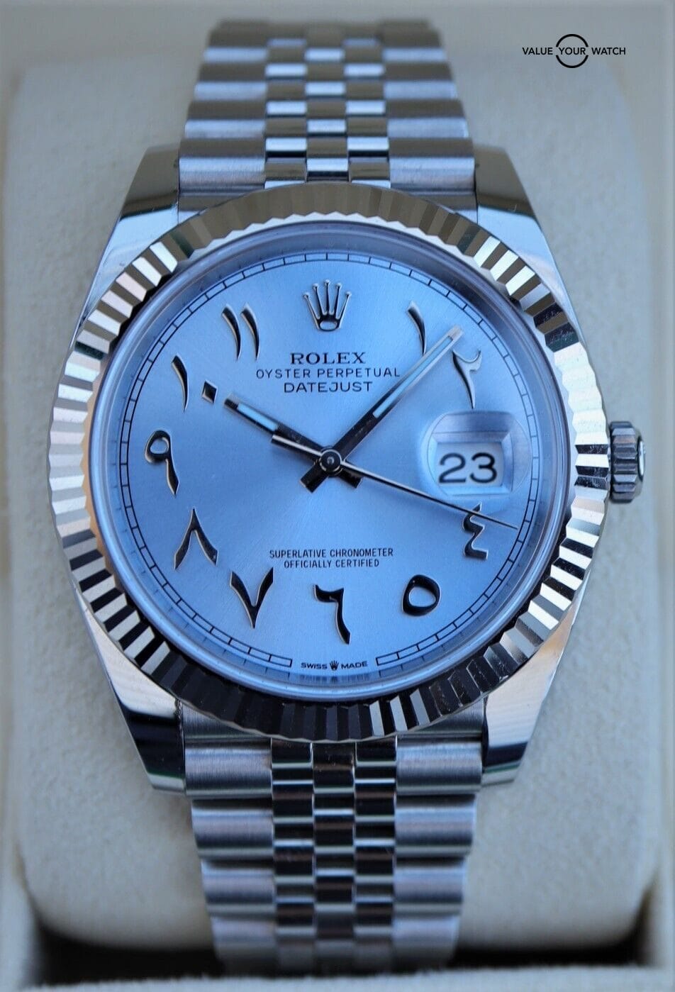 Knogle lommetørklæde brændstof Rolex Datejust 41mm 126334 ICE BLUE ARABIC DIAL Boxes/Papers | Value Your  Watch