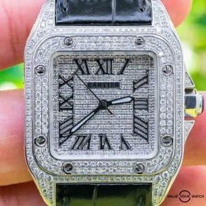 Cartier Santos 100 Diamonds Stainless Steel Automatic Leather Iced Out Box 2878
