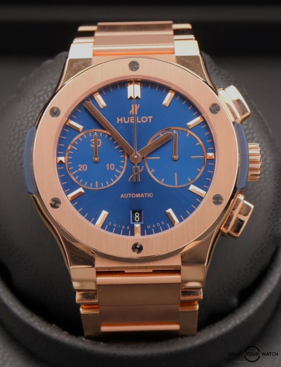 Hublot Classic Fusion Chronograph 45mm 18K Rose Gold Blue Dial Boxes/Papers