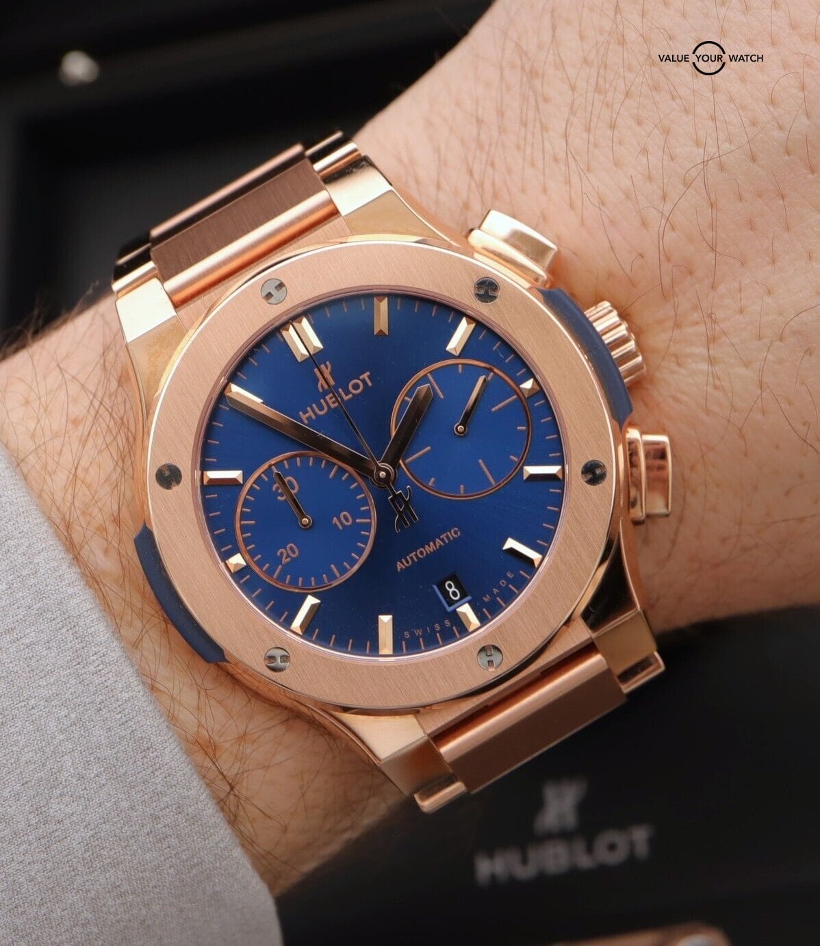 Hublot Classic Fusion Chronograph 45mm 18K Rose Gold Blue Dial Boxes/Papers - Image 5