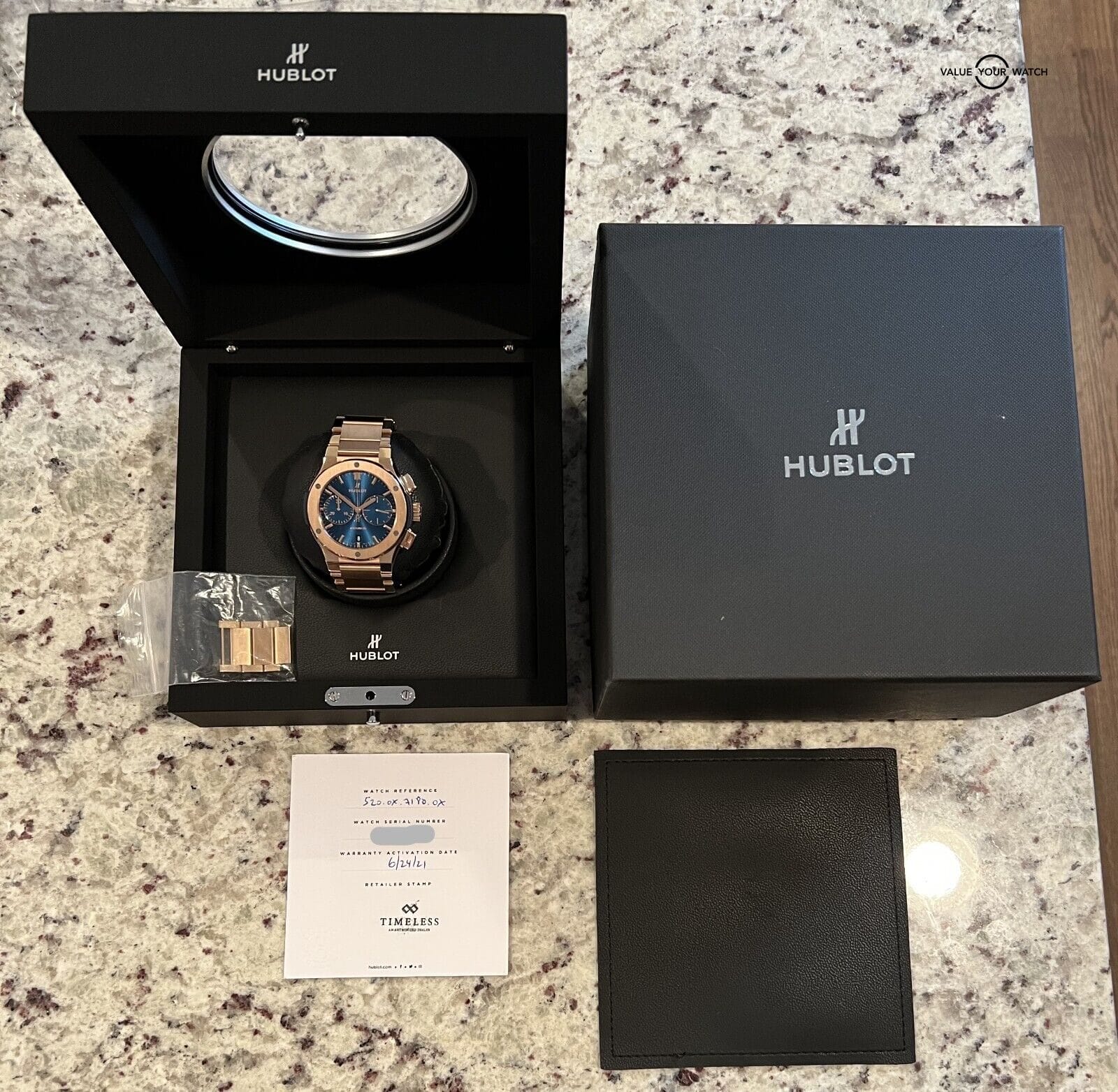 Hublot Classic Fusion Chronograph 45mm 18K Rose Gold Blue Dial Boxes/Papers - Image 14