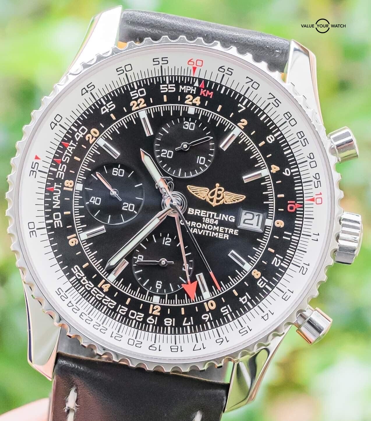 Breitling Navitimer World 46 GMT Black Dial Boxes Unworn Leather Steel A24322
